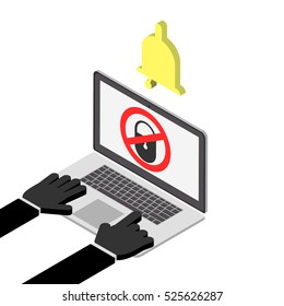 Theft of data. Hacker breaks into computer. Signaling. Vector isometric concept
