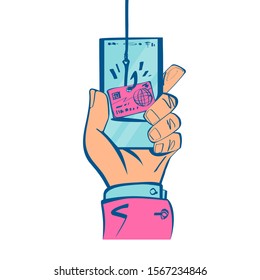 Theft of data from smartphone. Credit card on a hook. Theft of bank data. Credit card fraud. Phishing concept. Fishing hook. Vector illustration sketch design. Isolated on background. Phone in hand.