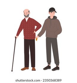 Theft from elderly person vector illustration. Cartoon isolated young male robber character in hoodie and baseball cap stealing credit card, wallet or mobile phone from pocket of old man with cane