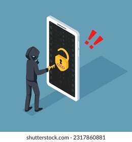 Theft Hacker attacks a smartphone by hacking a password. fraud scam phishing and steal private data on devices. vector illustration isometric flat design for cyber security awareness concept.