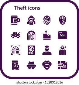 theft icon set. 16 filled theft icons.  Collection Of - Hacker, Fingerprint, Damage, Phishing, Ssl, Burglar, Bandit