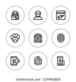 Theft icon set. collection of 9 outline theft icons with bandit, criminal, evidence, fingerprint icons. editable icons.