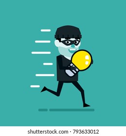 Theft of ideas, intellectual property thievery concept. Smiling thief holds idea light bulb and runs away. Flat style vector illustration