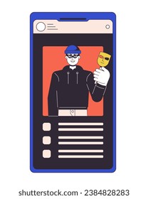 Ilustración vectorial del concepto de línea plana de identidad de robo. Ladrón robando datos confidenciales. Pantalla Smartphone 2D objeto de esquema de dibujos animados en blanco para diseño de interfaz de usuario web. Imagen de héroe de color aislado editable