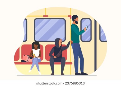 Theft of money in public transport vector illustration. Cartoon thief sitting on seat with passengers in interior of subway train or bus, pickpocket character stealing wallet from male victims pocket