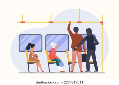 Theft of money in public transport vector illustration. Cartoon thief sitting on seat with passengers in interior of subway train or bus, pickpocket character stealing wallet from male victims pocket