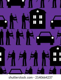 Theft pattern seamless. Robbers rob house background. Car theft texture. Crime ornament