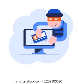 Theft of personal data from the computer. The thief takes personal data. Vector illustration