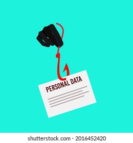 Robo de datos personales. Delitos en la web con piratería de contraseñas. El concepto de phishing, ataques de hackers, fraude en línea, estafa en Internet y protección de la web. Ilustración vectorial.
