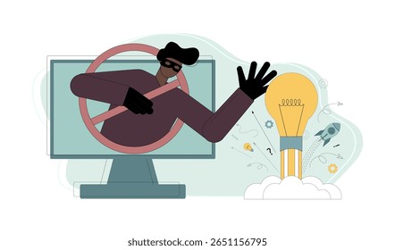 Theft and plagiarism, copying ideas, thoughts. A man, a swindler, reaches out to someone else's idea, a light bulb