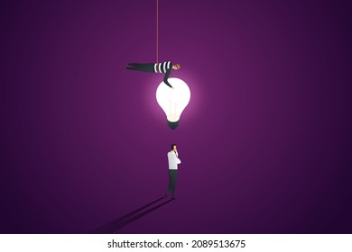 Theft or plagiarism and Intellectual Property Infringement. The thief in black floated down and picked up the light bulb. isometric vector illustration.