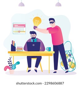 Theft or plagiarism and intellectual property infringement. Stealing light bulb, plagiarism, intellectual property piracy, illegal content. Thief in mask stealing privacy idea. vector illustration