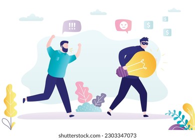 Theft or plagiarism and intellectual property infringement. Unhappy author trying to catch up with thief. Stealing light bulb, plagiarism, illegal content. Thief in mask stealing privacy idea. vector