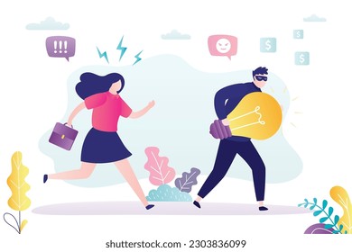 Theft or plagiarism and intellectual property infringement. Unhappy author trying to catch up with thief. Stealing light bulb, plagiarism, illegal content. Thief in mask stealing privacy idea. vector
