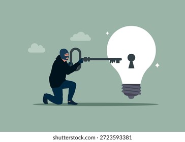 Robo de producto o creatividad. Robber sosteniendo la llave a punto de insertar en la llave de la lámpara de la idea de la bombilla. Ilustración vectorial plana