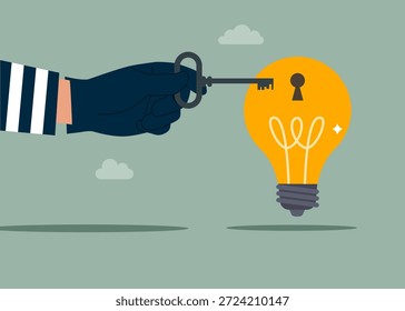 Robo de producto o creatividad. Robber sosteniendo la llave a punto de insertar en la llave de la lámpara de la idea de la bombilla. Ilustración vectorial moderna en estilo plano