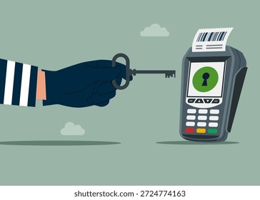 Diebstahl. Räuber mit Schlüssel und POS Point of Sale Terminal für Kreditkartenzahlung. Terminalverschlüsselung. Flache Vektorgrafik