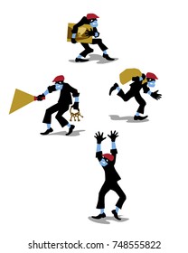 Theft. Safety and security. Funny Vector illustration of sneaking thief in flat style. Characters set. Clip art, cartoon in flat design.