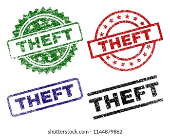 THEFT seal prints with damaged texture. Black, green,red,blue vector rubber prints of THEFT title with retro style. Rubber seals with round, rectangle, medallion shapes.