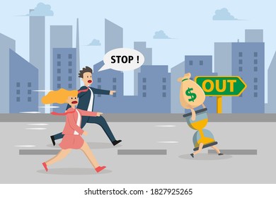 Theft vector concept: Young businesswoman and businessman chasing hourglass while stealing a sack of money