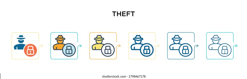 Theft vector icon in 6 different modern styles. Black, two colored theft icons designed in filled, outline, line and stroke style. Vector illustration can be used for web, mobile, ui