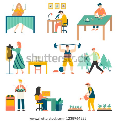 In their free time, people practice their favorite hobbies, play football, plant flowers, cook, repair cars, play musical instruments, draw, go to the gym, play computer games, and more.