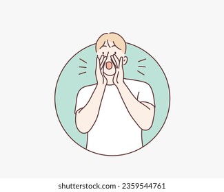 Theman inside the circle is shouting loudly. Hand drawn style vector design illustrations.