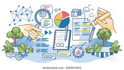 Thematic analysis for qualitative data research outline hands concept. Deep information identifying, analysing or interpreting patterns within text vector illustration. Statistic method or technique