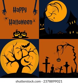 Thematic collection of vector illustrations for Halloween.
A set of miniatures with trees, pumpkins, bats, spiders and other traditional symbols is suitable for a cover, postcard, poster, EPS 10.