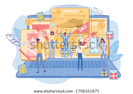 Thematic Contextual PPC Advertising Digital Campaign. Tiny People User Standing on Big Laptop Click on Ad Bots of Interest Ready to Buy Promoting Product or Service. Vector Illustration