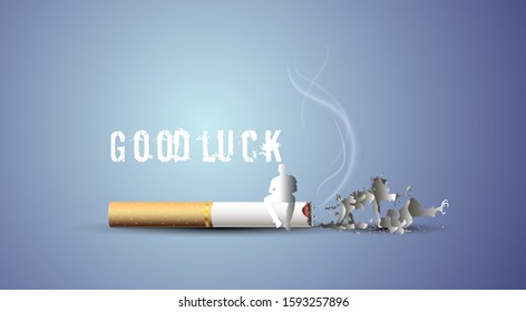 Thematic illustration about the dangers of Smoking in vector design. The image of a cigarette butt from which zombies crawl out in the form of ashes and a man sitting on it which begins to disappear