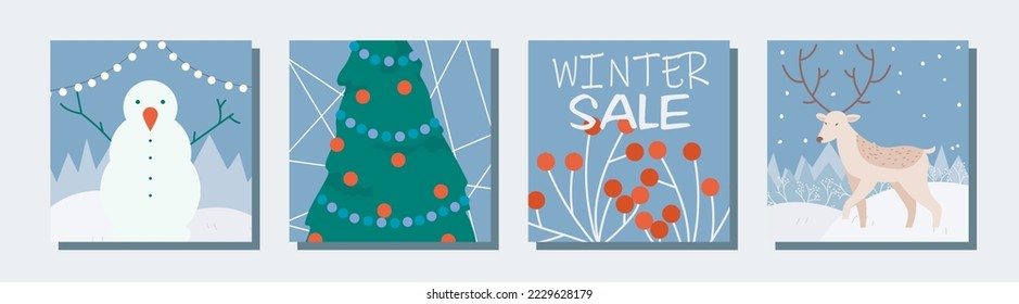 Thematic image of winter discounts. Christmas and New Year sale and low prices 50% off. Set of vector elements: christmas tree, snow, gifts, santa, santa claus, toys, decorations