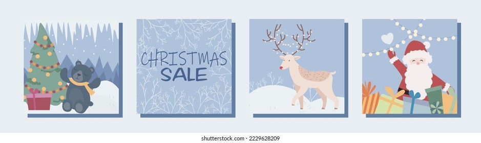 Thematic image of winter discounts. Christmas and New Year sale and low prices 50% off. Set of vector elements: christmas tree, snow, gifts, santa, santa claus, toys, decorations