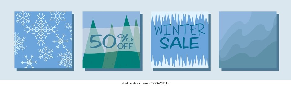 Thematic image of winter discounts. Christmas and New Year sale and low prices 50% off. Set of vector elements: christmas tree, snow, gifts, santa, santa claus, toys, decorations