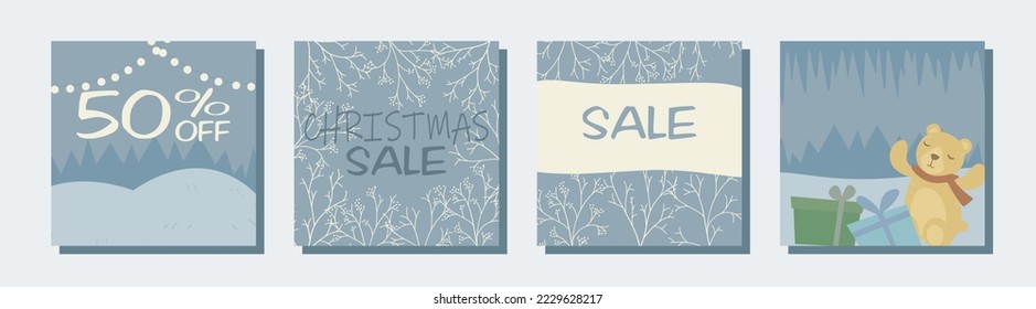 Thematic image of winter discounts. Christmas and New Year sale and low prices 50% off. Set of vector elements: christmas tree, snow, gifts, santa, santa claus, toys, decorations