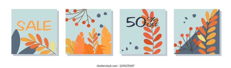 Thematic images of autumn promotions and black friday. Sale and low prices -50% off vector set of design illustrations. Drawings in the style of autumn, leaves, grass, sun, cones and mushrooms