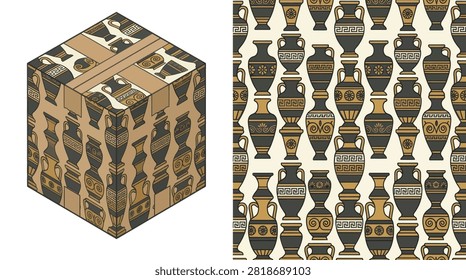 Thematic packaging box utilizing classical vase silhouettes for historical branding.