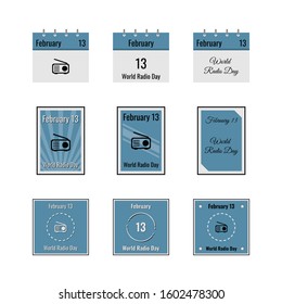 Thematic pictures by February 13. Calendar sheet, poster on the wall, square stamp. With inscriptions and radio icon. Isolated illustration on white background. Flat style. Vector image