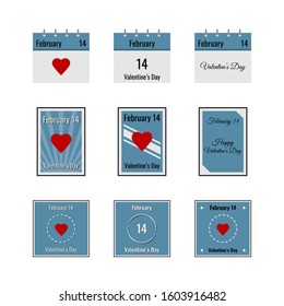 Thematic pictures by February 14. Calendar sheet, poster on the wall, square stamp. Red heart Valentine's Day icon. Isolated illustration on white background. Flat style. Vector stock image