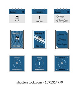 Thematic pictures by January 1. Calendar sheet, poster on the wall, square stamp. With inscriptions and New Year's icon. Isolated illustration on white background. Flat style. Vector stock image