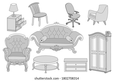 Thematic selection. Furniture collection. Interior elements. Beautiful furniture design. Vector