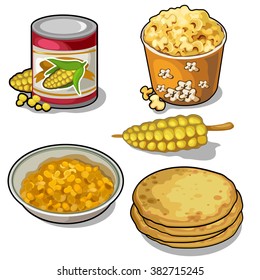 Thematic set of food from corn. Vector illustration.