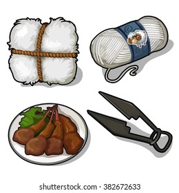 Thematic set food and items from sheep. Vector illustration.