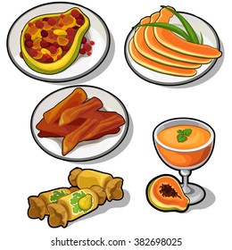 Thematic set food from papaya. Vector illustration.
