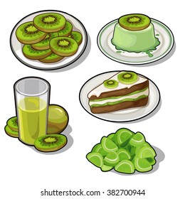 Thematic set of food products from kiwi. Vector illustration.
