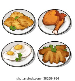 Thematic set of food products from poultry meat and eggs. Vector illustration.