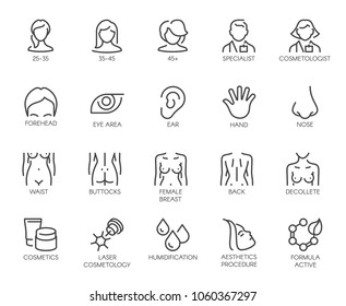 Thematic set icons isolated. Avatar of women of different ages, doctor, beautician, facial parts, female figure and cosmetic concept logos. 20 line labels. Vector illustration of cosmetology series
