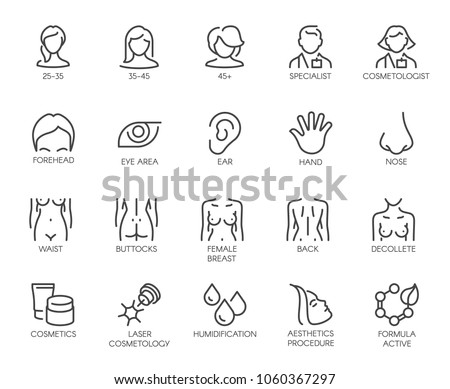 Thematic set icons isolated. Avatar of women of different ages, doctor, beautician, facial parts, female figure and cosmetic concept logos. 20 line labels. Vector illustration of cosmetology series