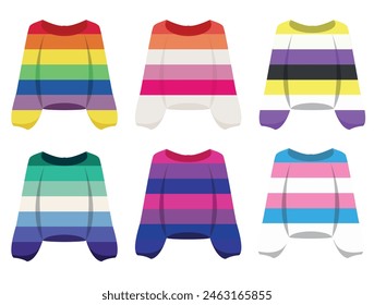 thematic set of multi-colored sweaters in the colors of the LGBT flags, namely the colors of the bisexual, lesbian, gay, transgender and other flags, for posters, cards or design