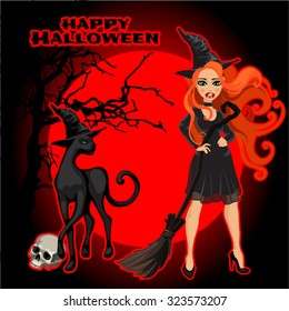 Thematic sketch the square shape with the words Happy Halloween and a picture of a young witch with a broom and a black cat for the poster, invitations or other cards. Vector.